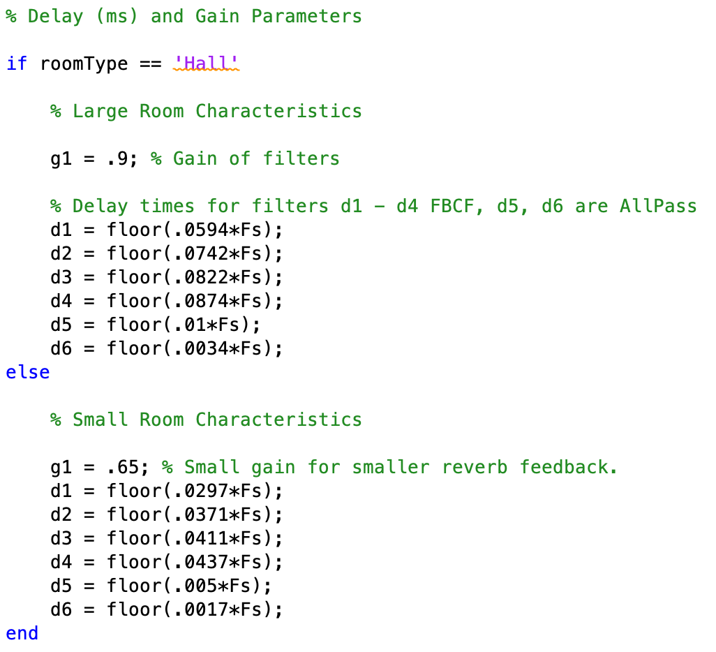 MATLAB code for filter delays and gains.